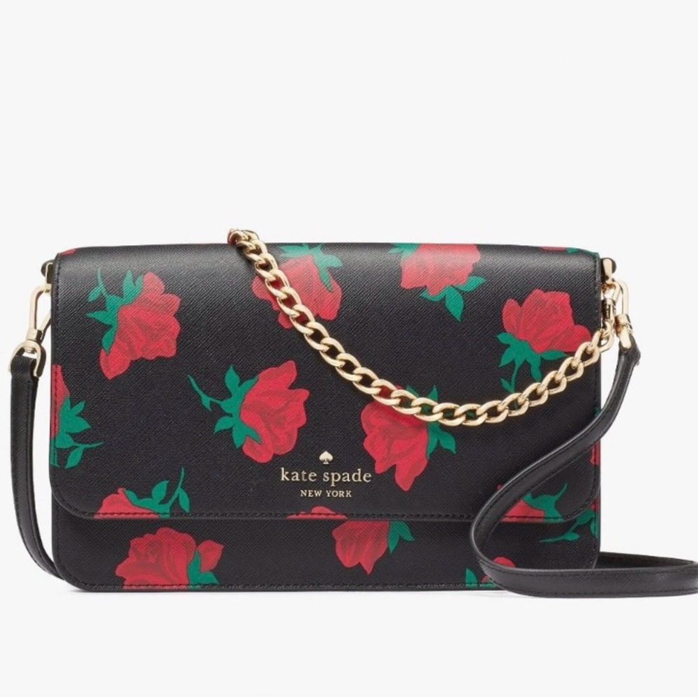 Kate Spade Madison Rose Toss Printed Flap Crossbody Saffiano Black Multi